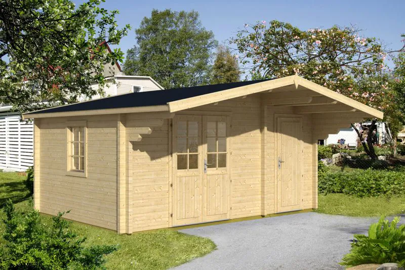 Holz-Gartenhaus 4,7 x 4,91 Meter (inkl. Dach) | 1 Fenster | 70 mm Blockbohlen |natur unbehandelt | Satteldach | inkl. Fußboden | aus nordischer Fichte Abbildung