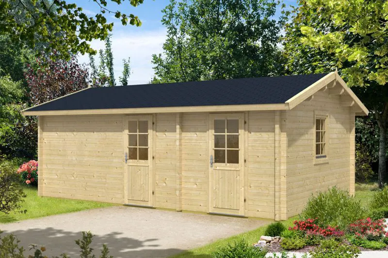 Holz-Gartenhaus 4,53 x 6,6 Meter (inkl. Dach) | 2 Fenster | 70 mm Blockbohlen |natur unbehandelt | Satteldach | inkl. Fußboden | aus nordischer Fichte Abbildung