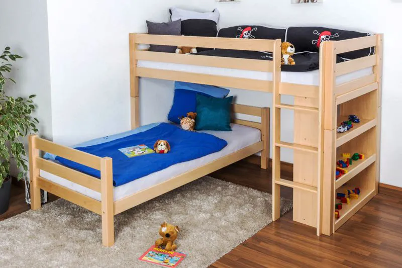 Doppelstockbett L-Form 90 x 200 cm | Buche massiv | natur lackiert | mit Regal | inkl. Rollrost | umbaubar in Einzelbetten Abbildung