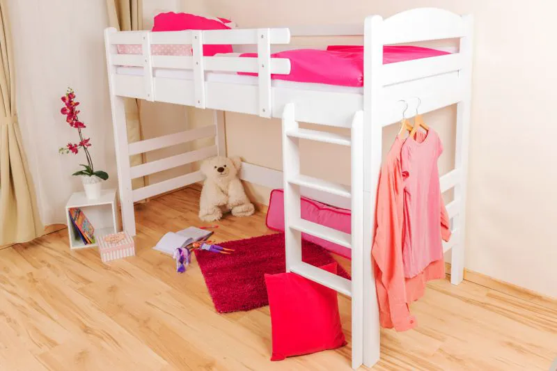Massivholz Hochbett für Kinderzimmer | Matratzenmaß: 90 x 200 cm | Weiß Lackiert | umbaubar in Einzelbett | Premium-Qualität | inkl. Rollrost Abbildung