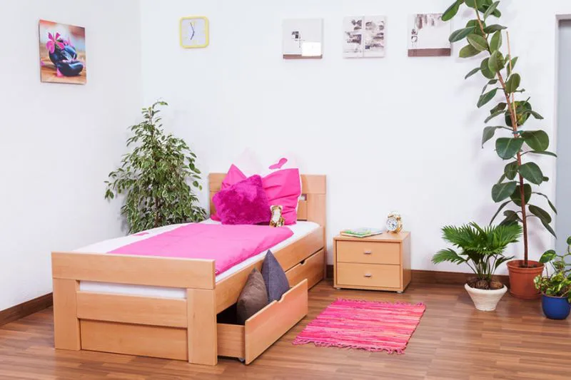 90 x 200 cm Bettrahmen für Kinder | inkl. Stauraum / 2 Schubladen | Massivholz: Buche | Natur Lackiert | inkl. Lattenrost Abbildung