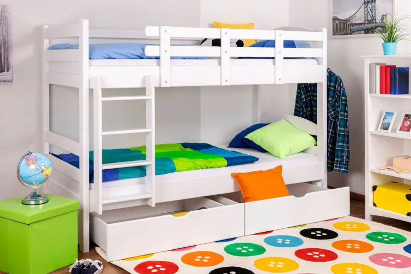 Massivholz Etagenbett für Kinder und Jugendliche | inkl. 2 Schubladen | Matratzenmaß: 90 x 200 cm | Weiß Lackiert | umbaubar in 2 Einzelbetten | Premium-Qualität | inkl. Rollroste Abbildung