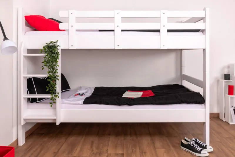 Stockbett 90 x 200 cm | Massivholz: Buche | Weiß Lackiert | umbaubar in zwei Einzelbetten | Premium-Qualität | inkl. Rollroste Abbildung