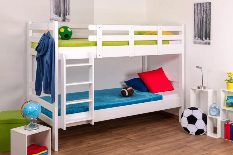 Stockbett 90 x 200 cm | Massivholz: Buche | Weiß Lackiert | umbaubar in zwei Einzelbetten | Premium-Qualität | inkl. Rollroste Abbildung