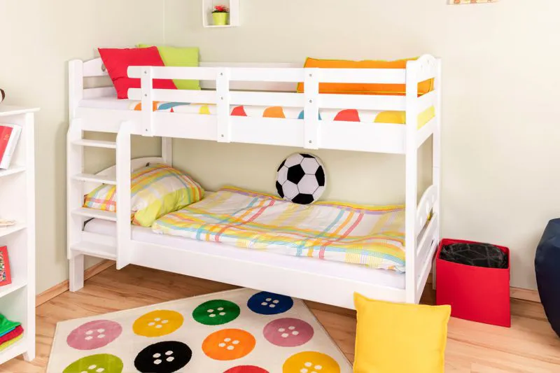 Massivholz Stockbett für Kinder und Jugendliche | Matratzenmaß: 90 x 200 cm | Weiß Lackiert | umbaubar in 2 Einzelbetten | Premium-Qualität | inkl. Rollroste Abbildung