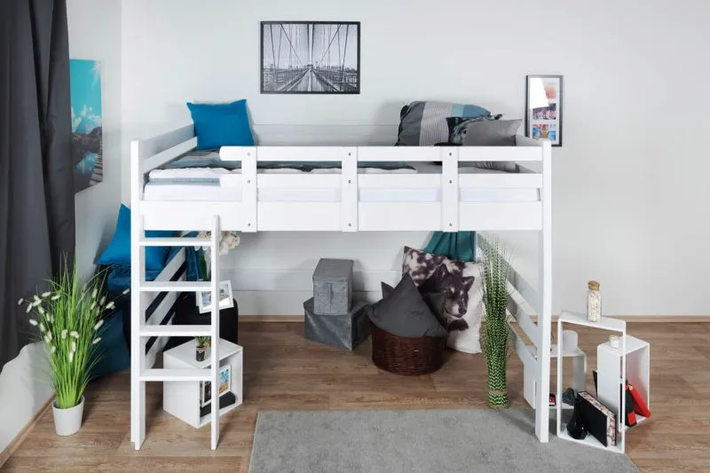 Massivholz Hochbett für Kinder | Matratzenmaß: 160 x 190 cm | Weiß Lackiert | umbaubar in Einzelbett | Premium-Qualität | inkl. Rollrost Abbildung