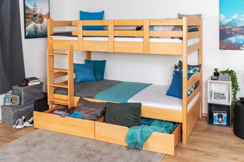 Kinderetagenbett für Mädchen und Jungen inkl. Stauraum (2 Schubladen) | 90 x 200 cm | Massivholz: Buche | Natur Lackiert | umbaubar in 2 Einzelbetten | inkl. Rollroste Abbildung