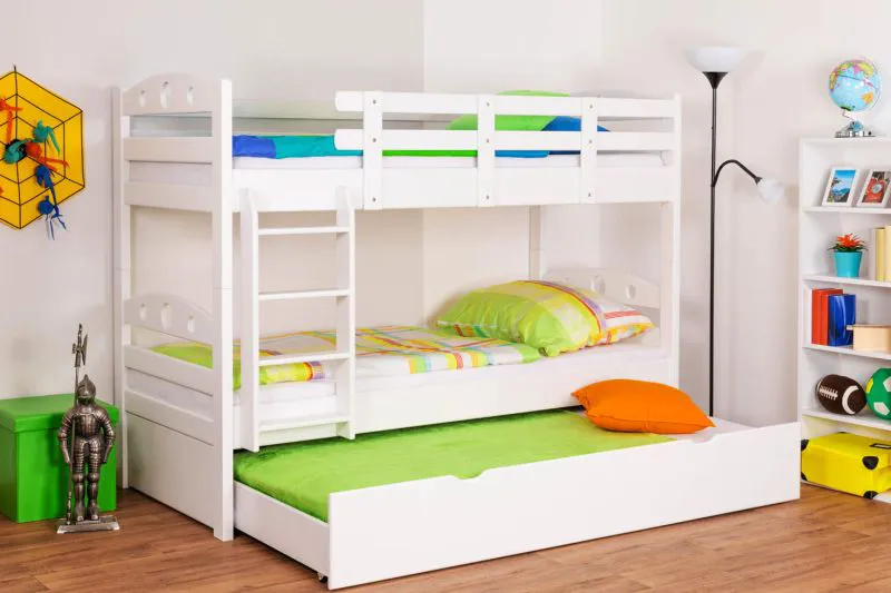90 x 200 cm Kinderetagenbett inkl. Bettkasten als 3. Liegefläche | Massivholz: Buche | Weiß Lackiert | umbaubar in 2 Einzelbetten | Bettkasten als Stauraum oder Liegefläche | inkl. Rollroste Abbildung