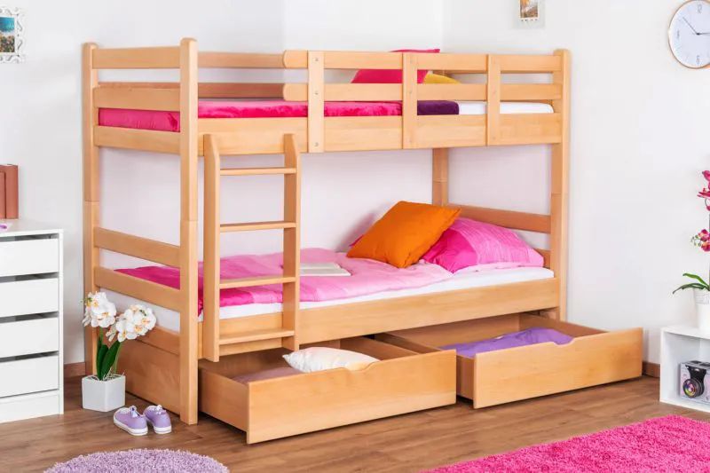 Kinderetagenbett inkl. Stauraum (2 Schubladen) für Mädchen und Jungen | 90 x 200 cm | Massivholz: Buche | Natur Lackiert | umbaubar in 2 Einzelbetten | Premium-Qualität | inkl. Rollroste Abbildung