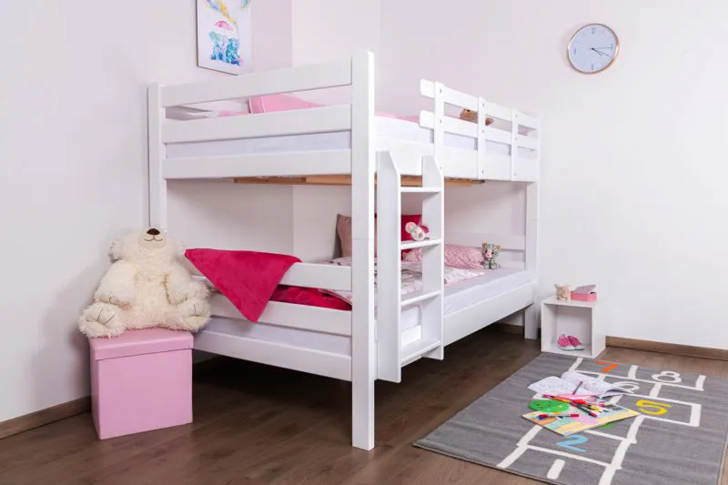 Kinderetagenbett 120 x 200 cm | Massivholz: Buche | Weiß Lackiert | umbaubar in 2 Einzelbetten | Premium-Qualität | inkl. Rollroste Abbildung