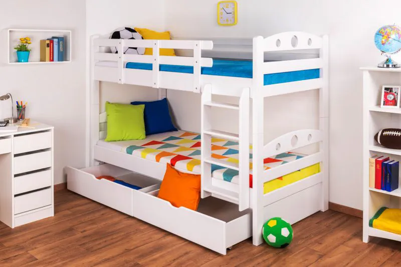 Jugendetagenbett inkl. Stauraum (2 Schubladen) | 90 x 200 cm | Massivholz: Buche | Weiß Lackiert | umbaubar in 2 Einzelbetten | Premium-Qualität | inkl. Rollroste Abbildung