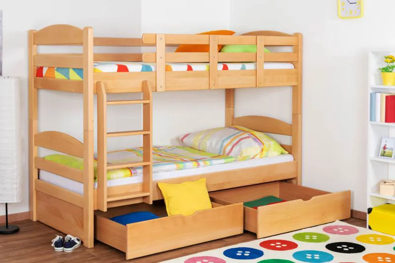 Kinderetagenbett inkl. Stauraum (2 Schubladen) | 90 x 200 cm | Massivholz: Buche | Natur Lackiert | umbaubar in 2 Einzelbetten | Premium-Qualität | inkl. Rollroste Abbildung