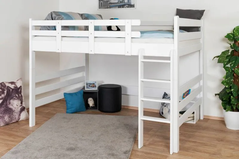 Kinderhochbett 140 x 190 cm | Massivholz: Buche | Weiß Lackiert | umbaubar in Einzelbett | Premium-Qualität | inkl. Rollrost Abbildung