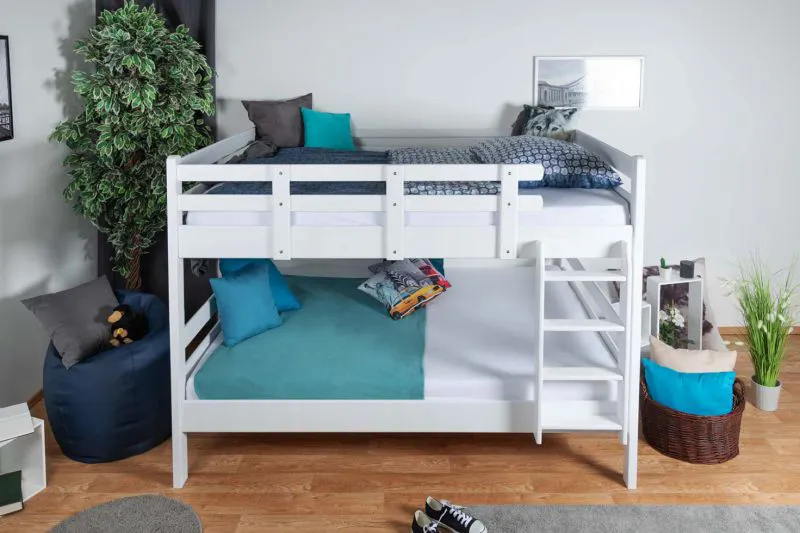 Breites Stockbett für Kinder 160 x 200 cm | Massivholz: Buche | Weiß Lackiert | umbaubar in 2 Einzelbetten | inkl. Rollroste Abbildung