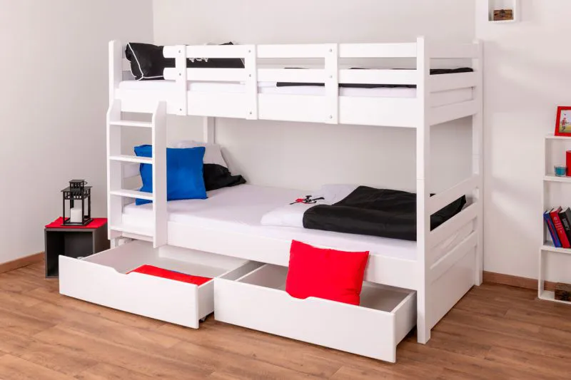 Jugendetagenbett inkl. Stauraum (2 Schubladen) | 90 x 200 cm | Massivholz: Buche | Weiß Lackiert | umbaubar in 2 Einzelbetten | Premium-Qualität | inkl. Rollroste Abbildung