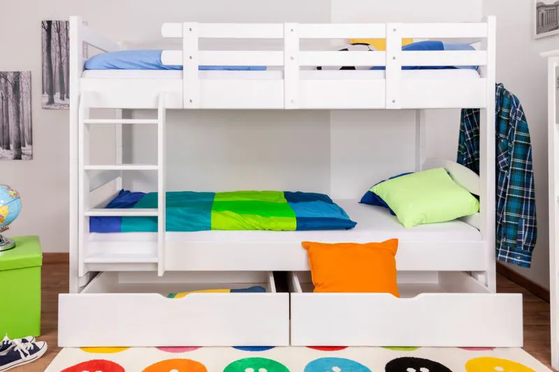 Kinderstockbett inkl. Stauraum (2 Schubladen) | 90 x 200 cm | Massivholz: Buche | Weiß Lackiert | umbaubar in 2 Einzelbetten | Premium-Qualität | inkl. Rollroste Abbildung