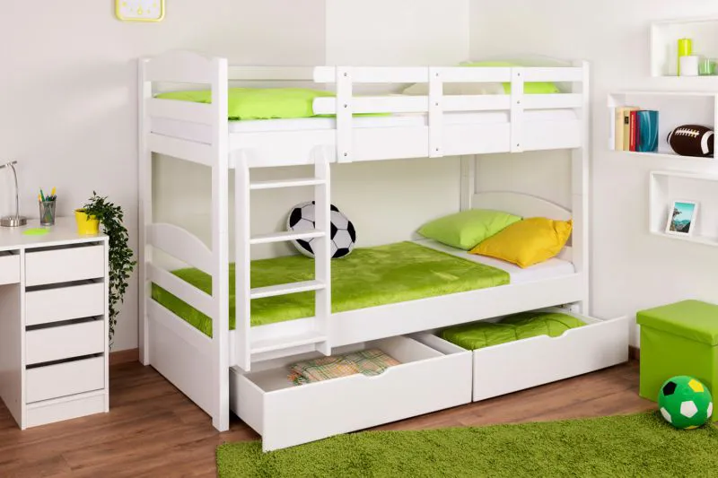 Kinderstockbett inkl. Stauraum (2 Schubladen) | 90 x 200 cm | Massivholz: Buche | Weiß Lackiert | umbaubar in 2 Einzelbetten | Premium-Qualität | inkl. Rollroste Abbildung