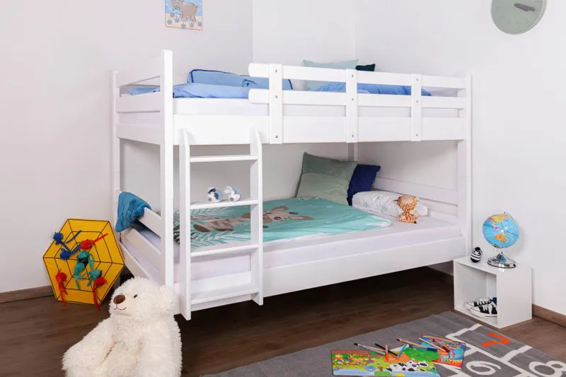 Jugendstockbett 120 x 200 cm | Massivholz: Buche | Weiß Lackiert | umbaubar in 2 Einzelbetten | Premium-Qualität | inkl. Rollroste Abbildung