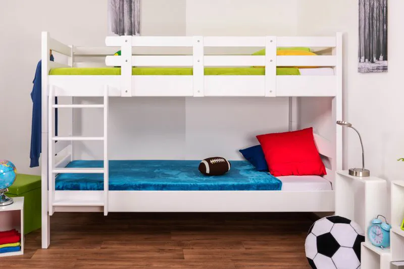 Kinderstockbett 90 x 200 cm | Massivholz: Buche | Weiß Lackiert | umbaubar in 2 Einzelbetten | Premium-Qualität | inkl. Rollroste Abbildung