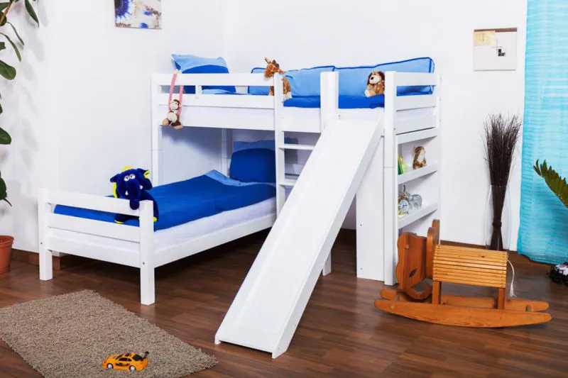 Etagenbett L-Form 90 x 200 cm | Buche massiv | weiß lackiert | mit Regal und Rutsche | inkl. Rollrost | teilbar Abbildung
