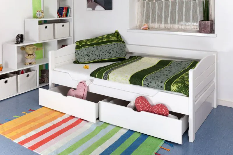 Bettrahmen für Kinder / Kinderbett 90 x 200 cm | Massivholz: Buche | Weiß Lackiert | inkl. 2 Schubladen und Lattenrost | besonders hohe Qualität Abbildung