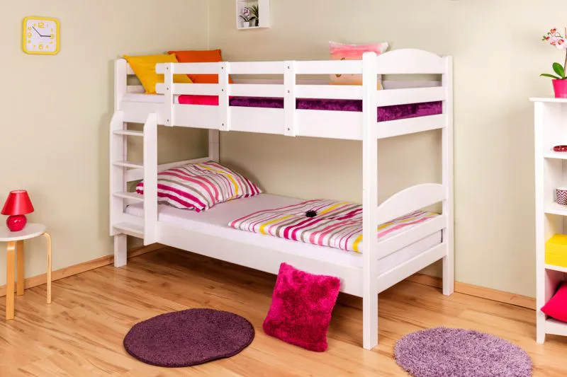 Stockbett für Jugendliche 90 x 200 cm | Massivholz: Buche | Weiß Lackiert | umbaubar in 2 Einzelbetten | inkl. Rollroste Abbildung