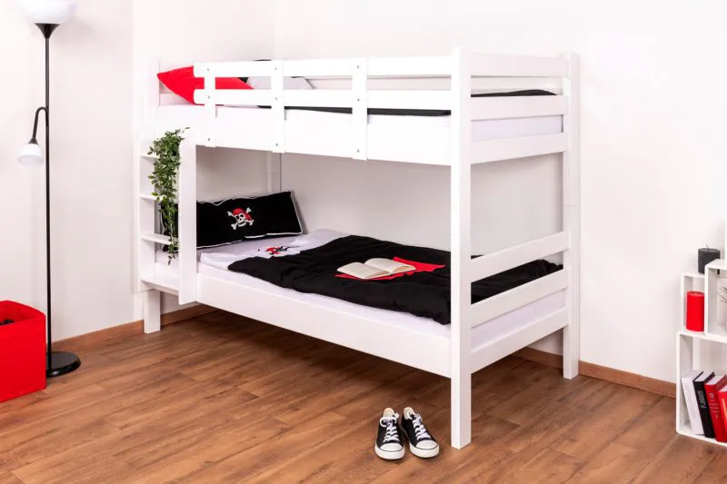 Etagenbett für Kinder 90 x 200 cm | Massivholz: Buche | Weiß Lackiert | umbaubar in 2 Einzelbetten | inkl. Rollroste Abbildung