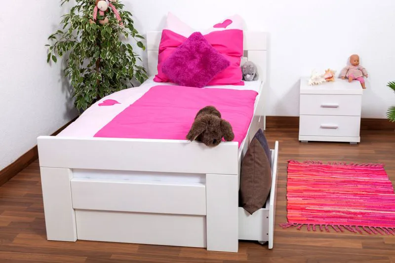 Bettrahmen für Kinder / Kinderbett 90 x 200 cm | Massivholz: Buche | Weiß Lackiert | inkl. 2 Schubladen und Lattenrost | besonders hohe Qualität Abbildung