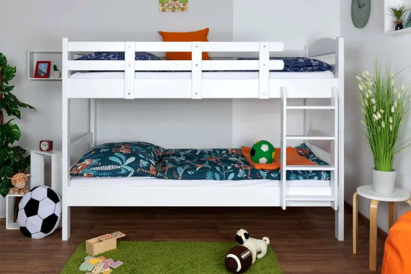 Stockbett für Jugendliche 90 x 190 cm | Massivholz: Buche | Weiß Lackiert | umbaubar in 2 Einzelbetten | inkl. Rollroste Abbildung