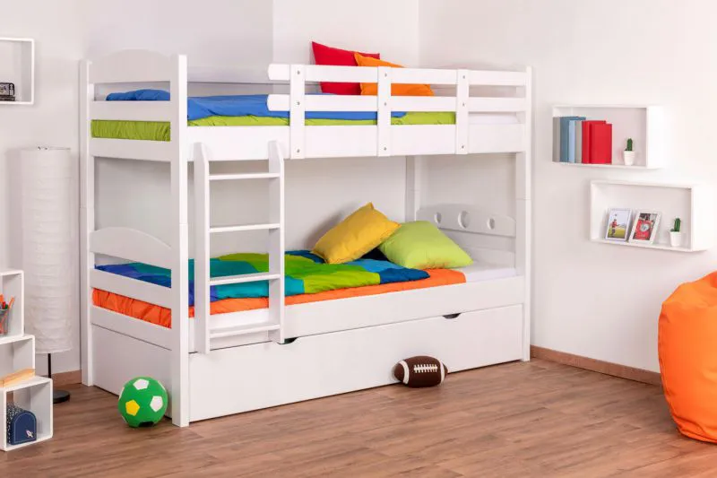 Stockbett + Bettkasten für Jugendliche 90 x 200 cm | Massivholz: Buche | Weiß Lackiert | inkl. Bettkasten | umbaubar in 2 Einzelbetten | inkl. Rollroste Abbildung