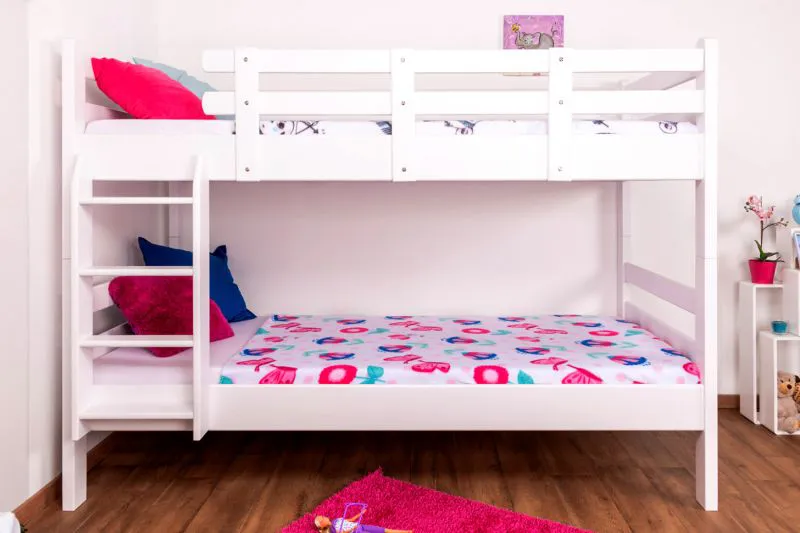 Stockbett für Jugendliche 90 x 200 cm | Massivholz: Buche | Weiß Lackiert | umbaubar in 2 Einzelbetten | inkl. Rollroste Abbildung