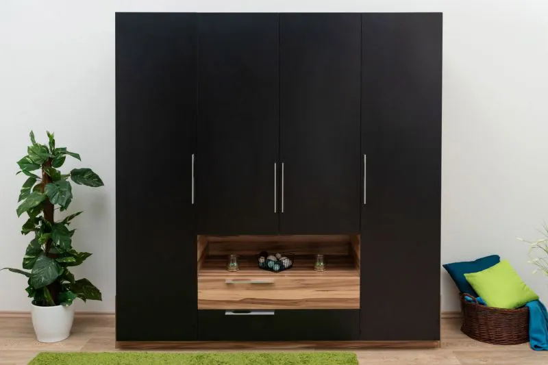 Kleiderschrank | 4 Drehtüren | 2 Schubladen | 8 Fächer | mit 2 Kleiderstangen | 210 cm breit | Farbe: Walnuss / Schwarz Abbildung