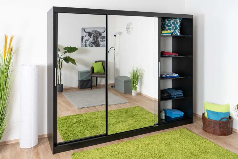 250 cm breiter Schiebetürenschrank mit 3 Türen | 10 Fächer | 2 Kleiderstangen | Farbe: Schwarz Abbildung
