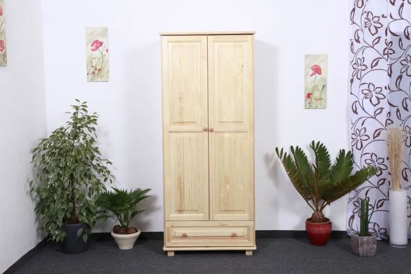 Kleiderschrank | 2 Drehtüren | 1 Schublade | 4 Fächer | mit Kleiderstange | 90 cm breit | Massivholz | Farbe: Natur Abbildung