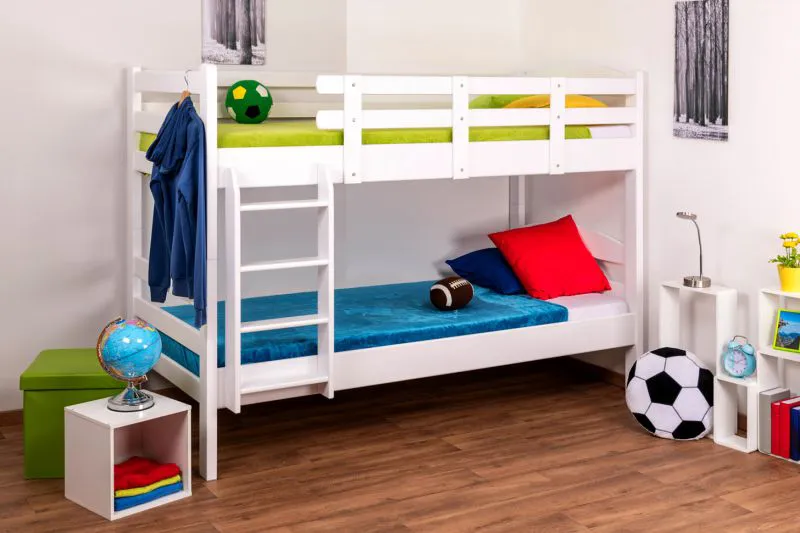 Etagenbett für Jugendliche 90 x 200 cm | Massivholz: Buche | Weiß Lackiert | umbaubar in 2 Einzelbetten | inkl. Rollroste Abbildung