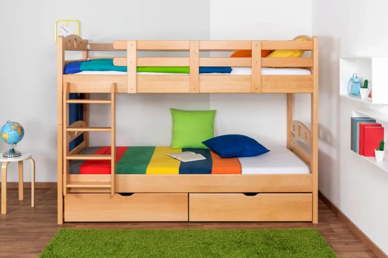 90 x 200 cm Stockbett mit Stauraum / 2 Schubladen für Kinder Massivholz: Buche | Natur Lackiert | umbaubar in 2 Einzelbetten | Premium-Qualität | inkl. Rollroste Abbildung
