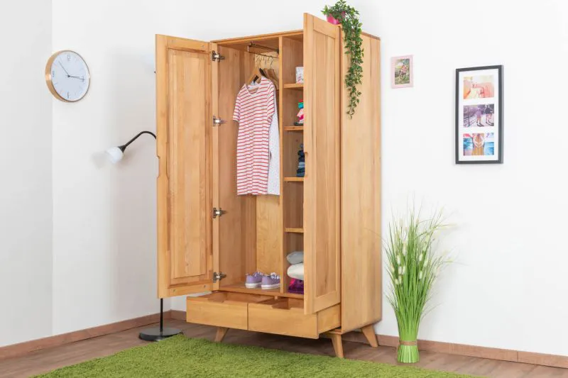 Kleiderschrank | 2 Drehtüren | 6 Fächer | 2 Schubladen | mit Kleiderstange | 90 cm breit | Massivholz | Farbe: Natur Abbildung