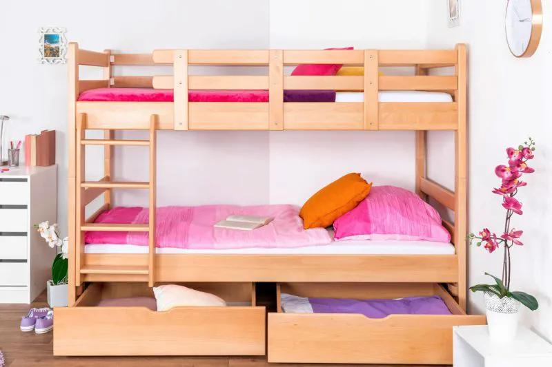 90 x 200 cm Stockbett mit Stauraum / 2 Schubkästen für Kinder Massivholz: Buche | Natur Lackiert | umbaubar in 2 Einzelbetten | Premium-Qualität | inkl. Rollroste Abbildung