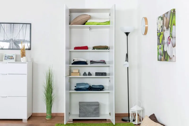 Schmaler 80 cm breiter Kleiderschrank mit 2 Türen | Farbe: Weiß Abbildung