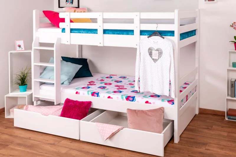 90 x 200 cm Stockbett mit Stauraum / 2 Schubladen für Kinder Massivholz: Buche | Weiß Lackiert | umbaubar in 2 Einzelbetten | Premium-Qualität | inkl. Rollroste Abbildung