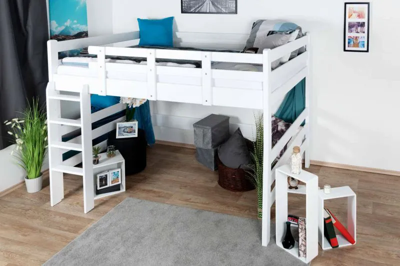 Jugendhochbett 160 x 190 cm | Massivholz: Buche | Weiß Lackiert | umbaubar in Einzelbett | Premium-Qualität | inkl. Rollrost Abbildung