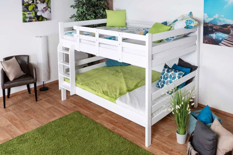 Stockbett für Kinder 140 x 200 cm | Massivholz: Buche | Weiß Lackiert | umbaubar in 2 Einzelbetten | inkl. Rollroste Abbildung