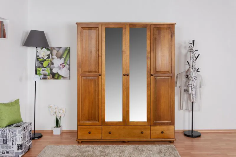 Kleiderschrank mit Spiegel, Kiefer Massivholz Eichefarben Rustikal - Abmessung: 195 x 162 x 60 cm (H x B x T) Abbildung