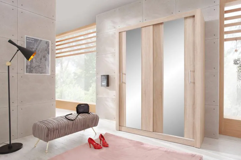 Kleiderschrank mit Spiegel, Farbe: Eiche - Abmessungen: 215 x 160 x 60 cm (H x B x T) Abbildung