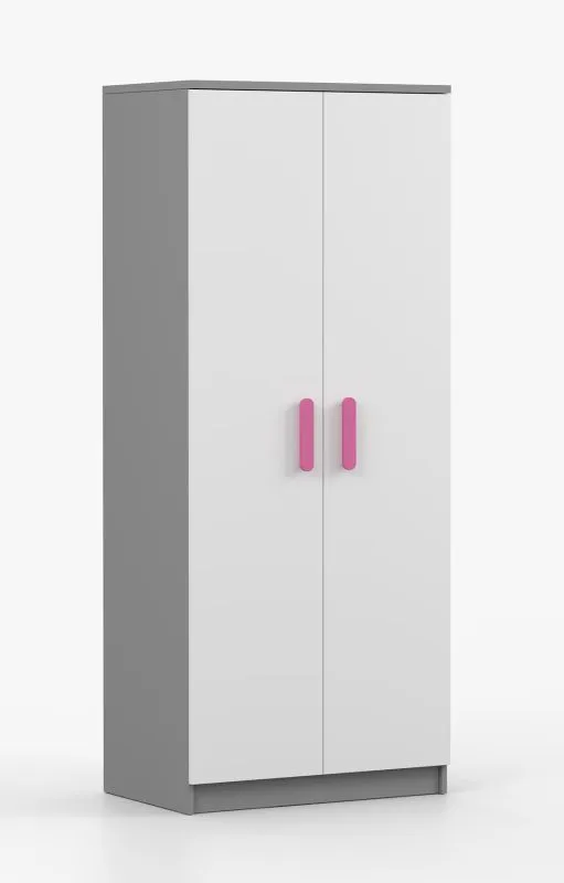 Kleiderschrank  / Drehtürenschrank | Smolikas 58 | Weiß / Grau | 2 Türen | 1 Kleiderstange | 192 x 80 x 50 cm | 5 Fächer | rosa Holzgriffe | eckig