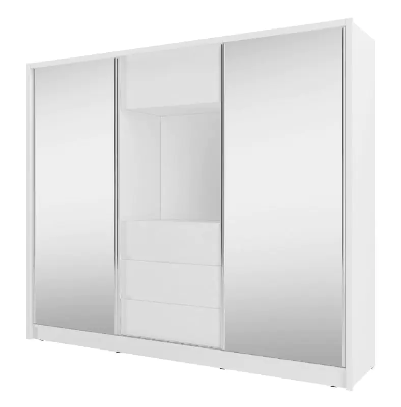 Schwebetürenschrank mit zwei großen Spiegeltüren Withington 01, Farbe: Weiß - Abmessungen: 214 x 254 x 62 cm (H x B x T), mit 7 Fächern