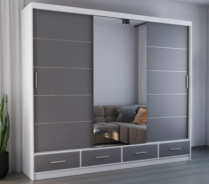 2,5 Meter breiter Schiebetürenschrank / Kleiderschrank mit Spiegel Grau / Weiß | Lusatian 34 | 218 x 250 x 61 cm | 3 Türen | 4 Schubladen | 7 Fächer
