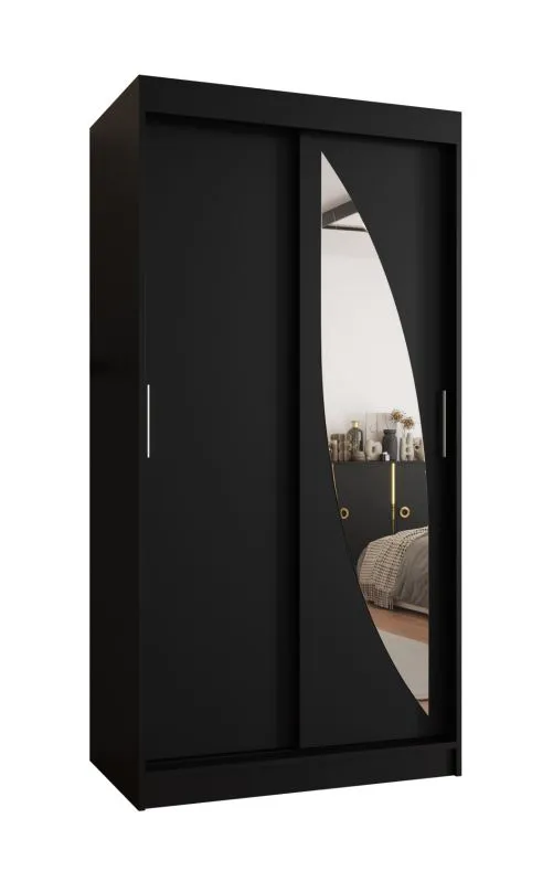 Schiebetürenschrank / Kleiderschrank Jorasses 03, Farbe: Schwarz, 1 Meter breit, fünf Fächer, eine Spiegeltür, zwei Kleiderstangen, Aluminiumschienen