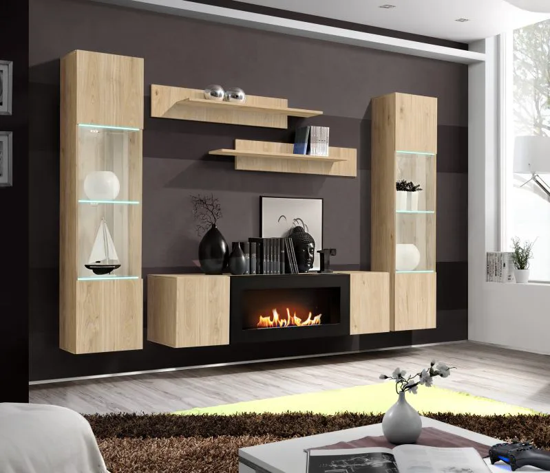 Wohnwand | inkl. LED-Beleuchtung | Farbe: Eiche Hickory Jackson | 2 Hängevitrinen | 1 TV-Unterschrank mit Bio-Ethanol Kamin | 2 Wandregale