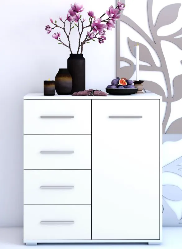 Kommode | Weiß | Comarca 02 | 96 x 90 x 45 cm | 1 Türe | 4 Schubladen | 3 Fächer | Einfarbig | lange Griffe silberfarben | schlichtes Design